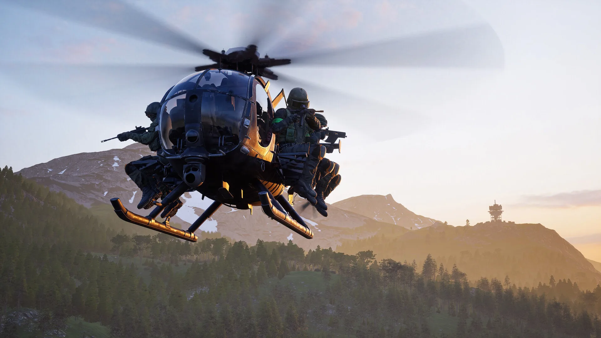 A WARDOGS helicopter carries armed players over a mountainous landscape at sunrise.