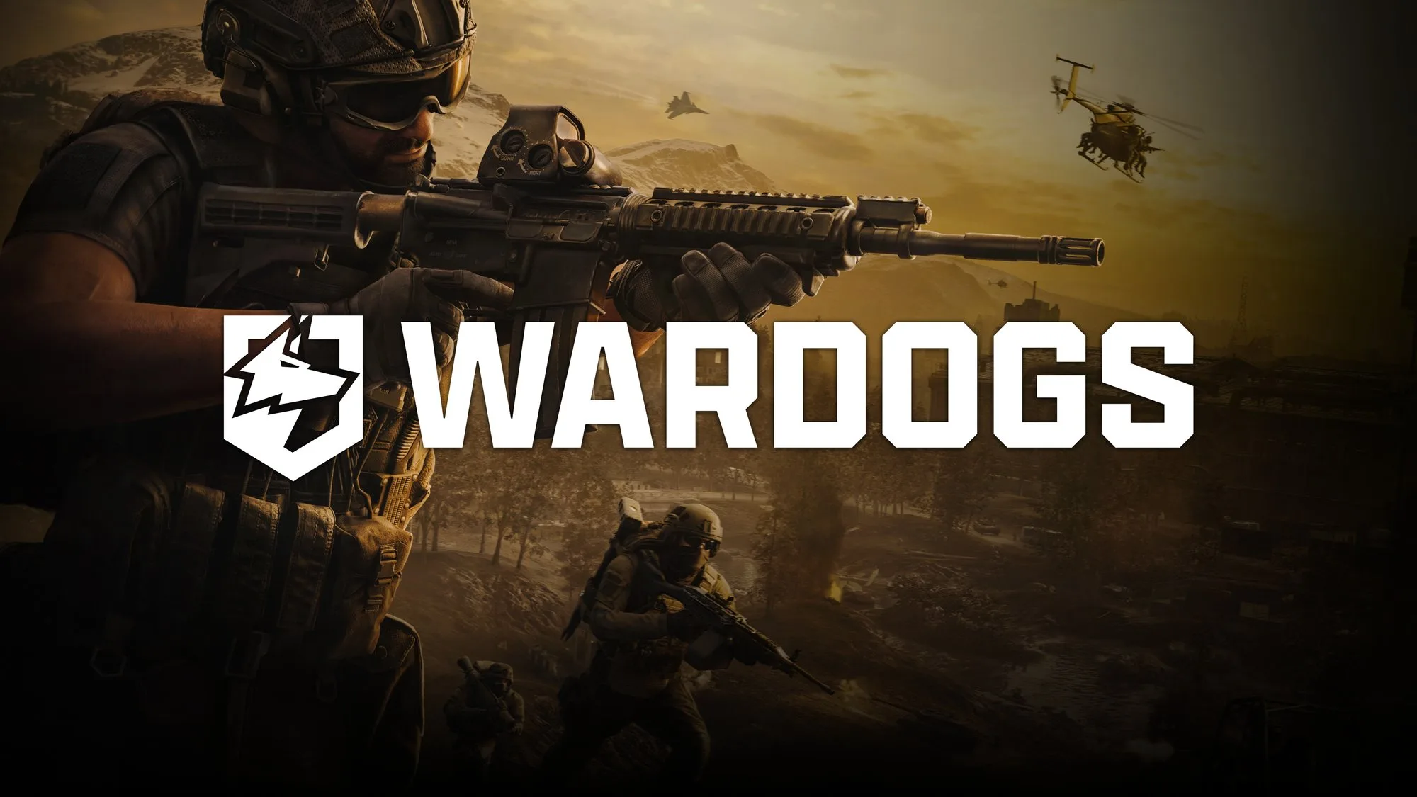 WARDOGS key art with an infantry soldier, helicopter and jets over a mountainous battlefield.